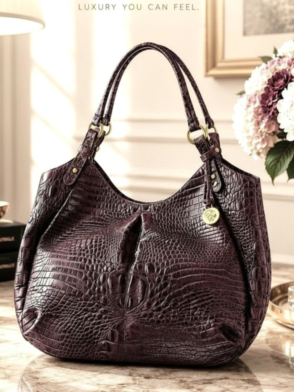 Brahmin Annie Truffle Melbourne Bordeaux Croc Crescent Hobo Shoulder Bag